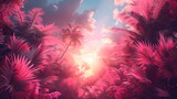 Fototapeta Konie - Summer tropical background in pink shades, palm trees sky and sun. sunset composition with copy space.