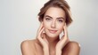 © elena_garder - Beautiful Asian woman with Clean Fresh Skin touch own face. Skincare beauty concept