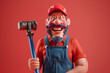 Cartoon plumber with a large hammer, joyous expression, red backdrop