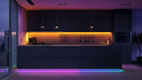 Fototapeta  - A dark, modern kitchen with colorful, ambient lighting under the cabinets