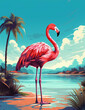 Tropical exotic pink flamingo standing on the beach. holiday travel vacation beach pool party element