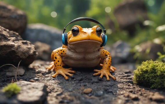 An amphibian frog with headphones perched on a rock