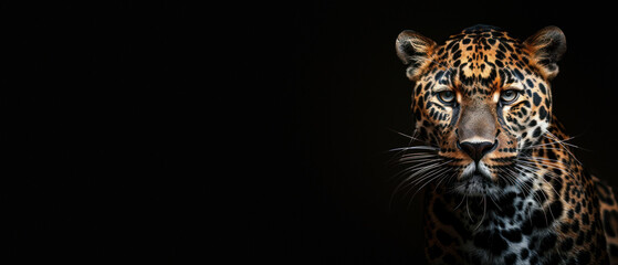 high-quality photo depicting a jaguar's intense stare, accentuated by the use of a high-contrast bla
