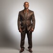 Confident businessman in a stylish brown suit exuding professionalism and success, showcasing leadership qualities against a solid brown backdrop.
