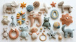 Assortment of Crocheted Animal Toys and Yarn on White Background