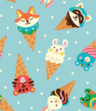 Fototapeta  - Cute cartoon faces animals in waffle cones. Yummy ice cream. Seamless pattern design