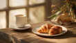 Warm morning light shining on freshly baked croissants paired with a cup of coffee, creating a cozy breakfast atmosphere