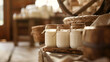 Artisanal yogurt in glass jars with rustic twine, displayed in a cozy bakery atmosphere with a warm light