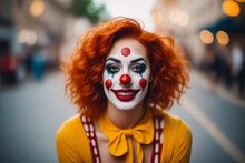 A Woman In A Clown Costume With Red Hair And A Red Nose. She Is Smiling And Posing For The Camera