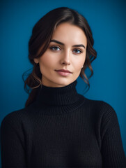 Canvas Print - A woman with long dark hair and blue eyes is wearing a black sweater. She is smiling and looking directly at the camera