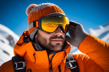 Wall Mural - A man in an orange jacket and hat is wearing goggles and a scarf. He is looking at the camera with a smile on his face