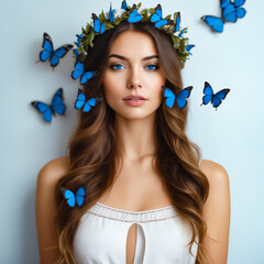 Poster - A woman wearing a blue headband with butterflies on it. The butterflies are blue and are scattered around her head