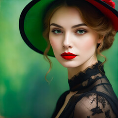 Canvas Print - A woman with a green hat and red lipstick is the main focus of the image. The hat and lipstick give the impression of a bold and confident woman. The green hat adds a pop of color to the scene