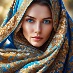 Canvas Print - A woman with blue eyes and a gold scarf draped over her head