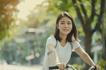 Wall Mural - A woman smiling while riding a bicycle in a sunny park during summer, surrounded by nature, with people enjoying outdoor activities