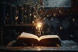Magical book with glowing lightbulb and flying letters, evocative of creativity, learning, and imagination


