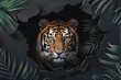 Majestic animal, the tiger is highlighted by a breach in the dark background, complimented by detailed tropical plants