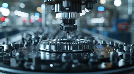 Poster - Close-up of a critical sensor in action within a high-tech, automated production line