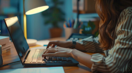 Wall Mural - A close-up view of hands typing on a laptop keyboard, with a desk lamp illuminating the workspace.