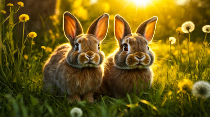 Poster - Two rabbits sit in the grass at sunset.