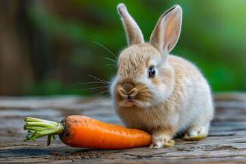 Canvas Print - Small bunny rabbit is sitting next to carrot that has been chewed on at one end.