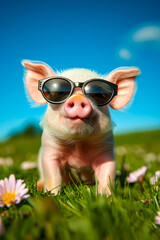 Wall Mural - Cute little pig is standing in field of flowers and wearing sunglasses.