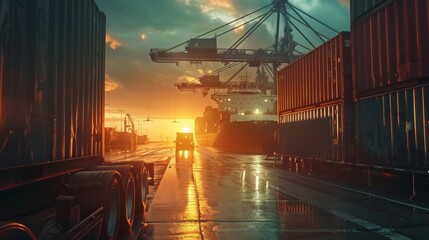 Wall Mural - Container truck in ship port for business Logistics and transportation of Container Cargo ship and Cargo plane with working crane bridge in shipyard at sunrise, logistic import export and transport