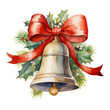 Watercolor Christmas bell with red ribbon, holly and pine isolated on white background.