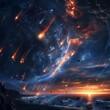 Space armada facing meteor shower onslaught, dark cosmos lit by fiery trails