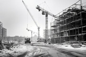 Black and white construction , monochrome picture of a construction site, construction site in black and white, AI generated