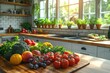 A wooden kitchen island with fruits and vegetables on top