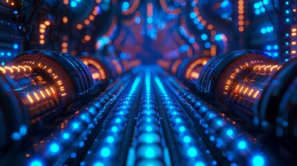 Poster - Advanced detector amidst a web of cables, glowing under soft blue light, in 64k detail