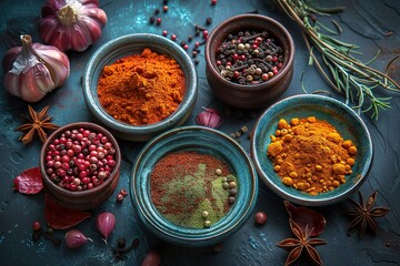 Wall Mural - Colorful spices arranged in a shape on a textured teal background, top view, still life photography