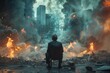 Man facing apocalyptic city destruction