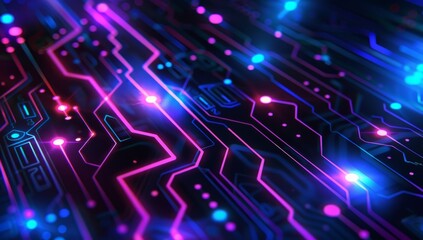 Abstract circuit board background with neon blue and purple lines on black, in the style of digital technology concept Generative AI