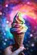 Melting Earth ice cream cone held against a backdrop of a dazzling, starry cosmos, the vibrant planet colors streaming down in a galaxy swirl pattern