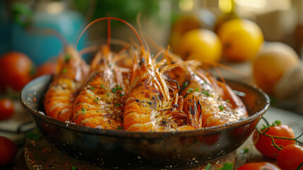 Grilled Shrimp on a plate. Grilling tasty shrimp with herbs and lemon.