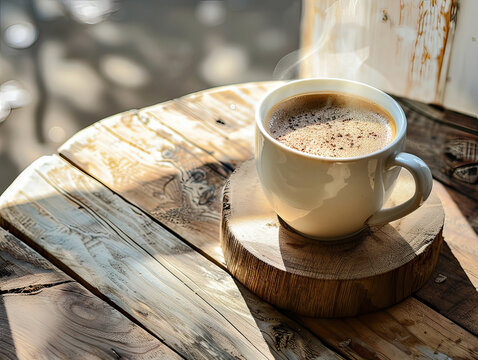 A steaming cup of latte on a rustic table with morning light, space for text