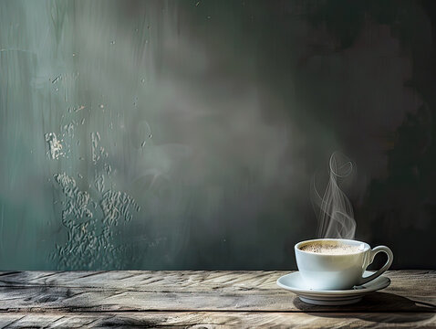 A steaming cup of latte on a rustic table with morning light, space for text