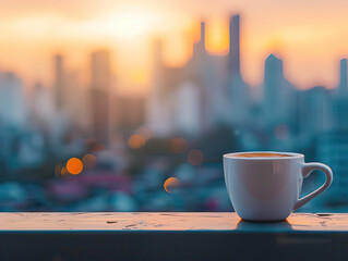 Cup of coffee with city skyline backdrop, urban morning, space for text