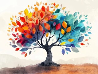 A captivating illustration of a vibrant tree with multicolored leaves, each representing a unique choice and its outcome, symbolizing life's diverse possibilities