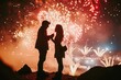 A man and a woman stand together in front of a magnificent display of fireworks, A man proposing to his girlfriend under a fireworks display, AI Generated