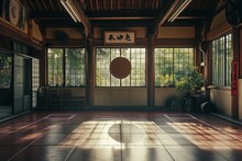 A Spacious Room Illuminated By An Abundance Of Windows Allowing Natural Light To Fill The Space, A Martial Arts Dojo Inside A Traditional Gym, AI Generated