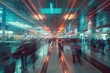 Long exposure photo of a bustling customs area motion blured