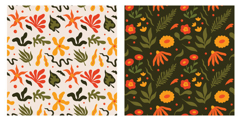 Wall Mural - set of seamless floral colorful vector patterns with abstract flowers, leaf and plants illustrations