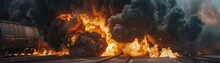 Hyper-realistic Fireball With Black Smoke Rising From A Catastrophic Train Derailment
