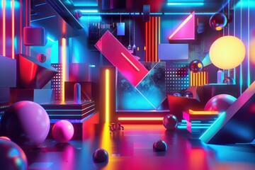Poster - abstract 3D glowing geometric elements background