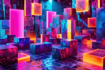 Poster - abstract 3D glowing geometric elements background