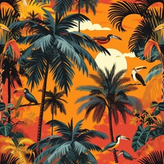 Wall Mural - Vivid sunset with toucans among tropical palms.