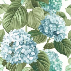 Canvas Print - Capturing the vibrant spirit of a blooming garden, this seamless pattern features hydrangeas in marlin and chambray hues, complemented by rich greenery, rendered in delicate watercolor strokes.